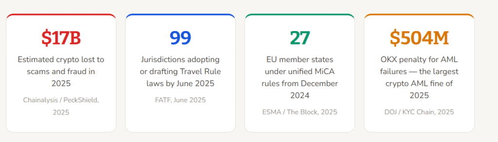 2025 Market Stats Infographic showing $17B lost to fraud and the $504M OKX penalty for AML failures in 2025.