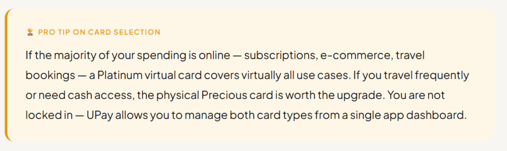 Card selection advice UPay virtual card vs. physical card selection guide recommending Platinum virtual cards for online spending and Precious physical cards for cash access.