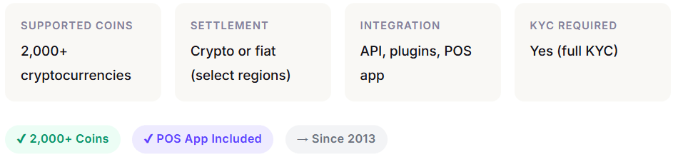 CoinPayments Cryptocurrency Payment Gateways overview of CoinPayments, featuring support for 2,000+ coins, a dedicated POS app, and low 0.5% merchant fees since 2013.