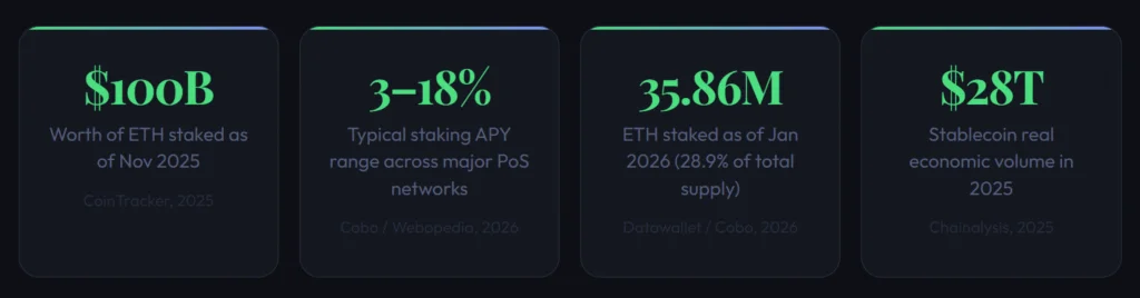 Ethereum Staking and Validator Growth Statistics Cryptocurrency earnings line graph showing Ethereum staking supply reaching 36 million ETH with a 30% total network participation rate as of early 2026.
