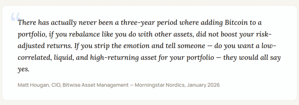 Expert quote from Bitwise CIO on the impact of Bitcoin on risk-adjusted portfolio returns.