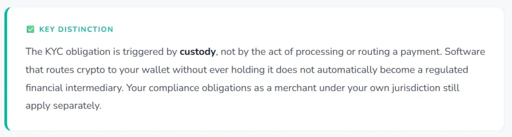 A technical breakdown explaining how KYC obligations are legally triggered by fund custody rather than the routing of payment software.