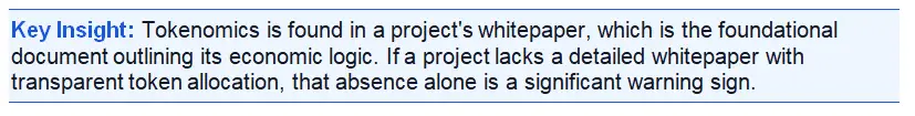 Key Insight. Tokenomics insight text stating that a detailed whitepaper with transparent token allocation is essential for evaluating a project’s economic logic.