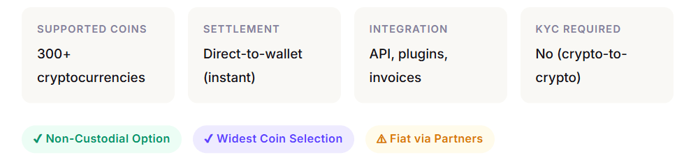 Nowpayments Feature Technical summary of a gateway with 300+ coins, instant wallet settlement, and no crypto-to-crypto KYC.