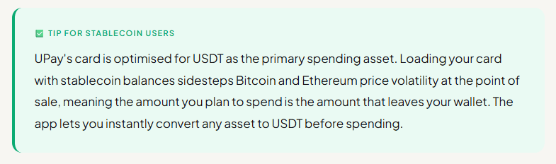 Tip for Stablecoin Users UPay card stability tip explaining that using USDT as the primary spending asset avoids the price volatility of Bitcoin and Ethereum during transactions.