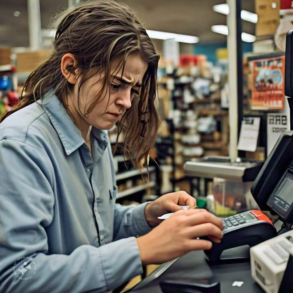 An AI-generated image of a cashier at a supermarket trying to process the payment of a customer
