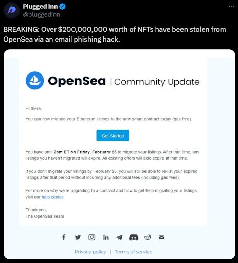 A twitter post with a screenshot of the fake email sent by scammers disguising as OpenSea team