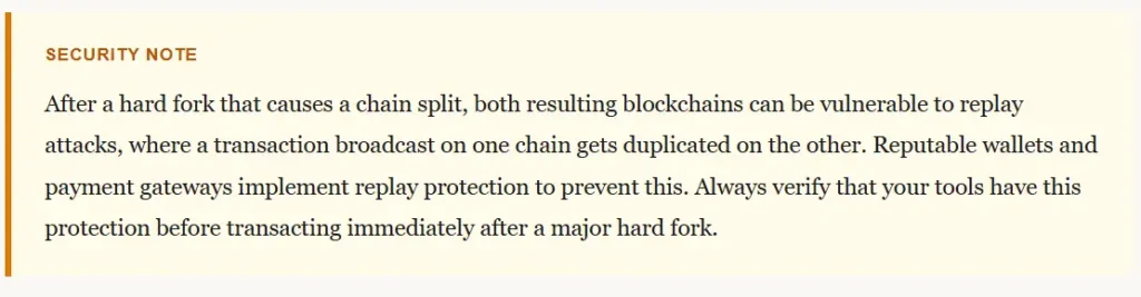 security note2 Hard Forks vs Soft Forks security note explaining the risks of replay attacks after a chain split and the importance of using wallets with built-in replay protection.
