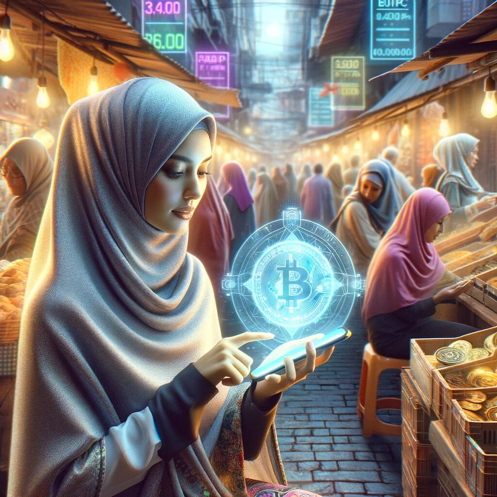 an image of a female Muslim using cryptocurrency for payment