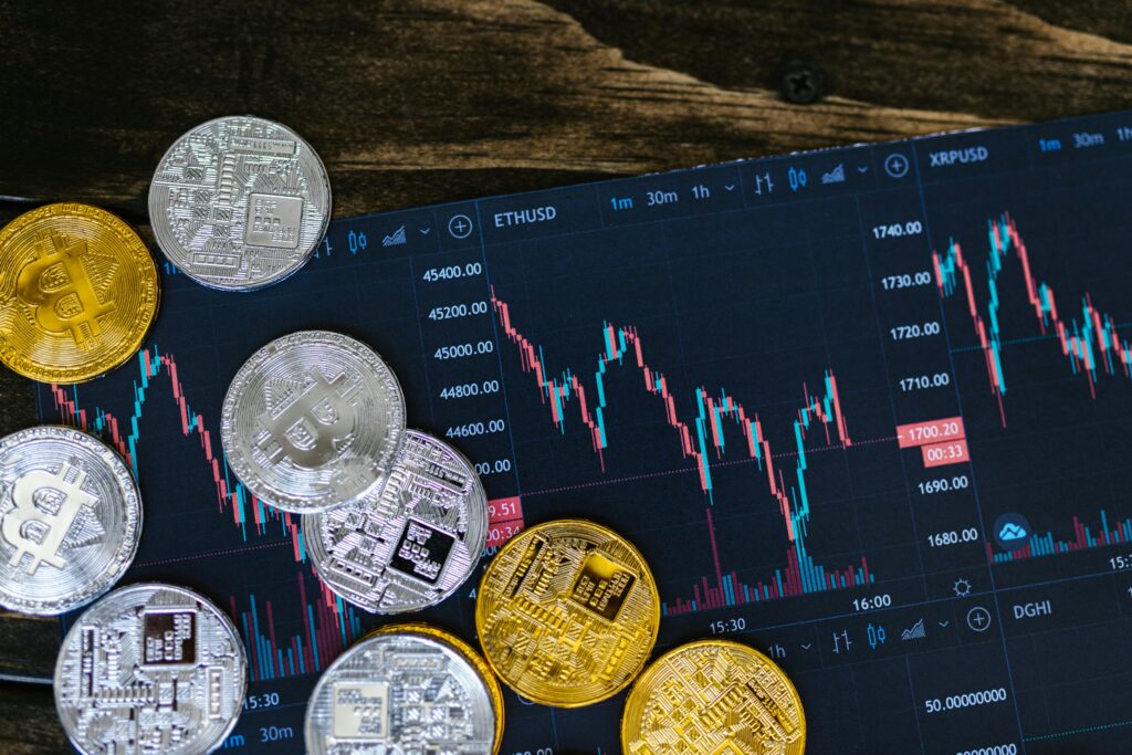 Crypto coins on a trading chart