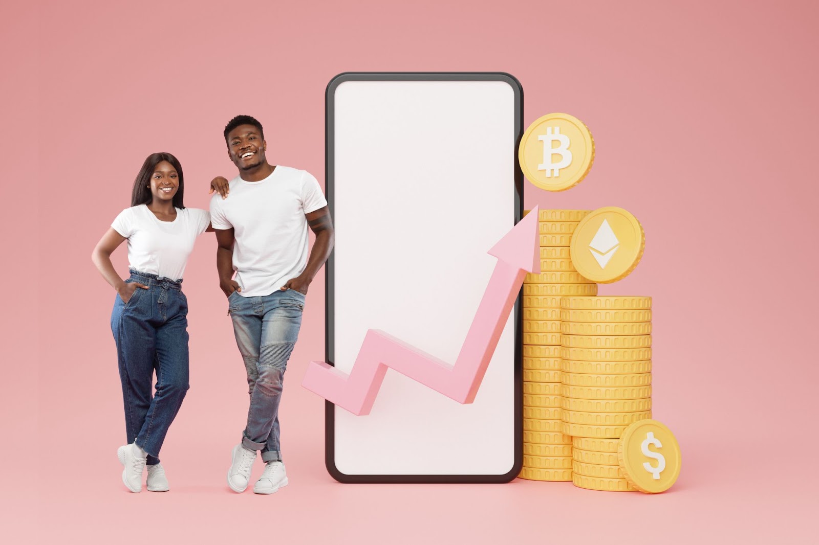 A man and a woman standing next to a life size phone and crypto coins