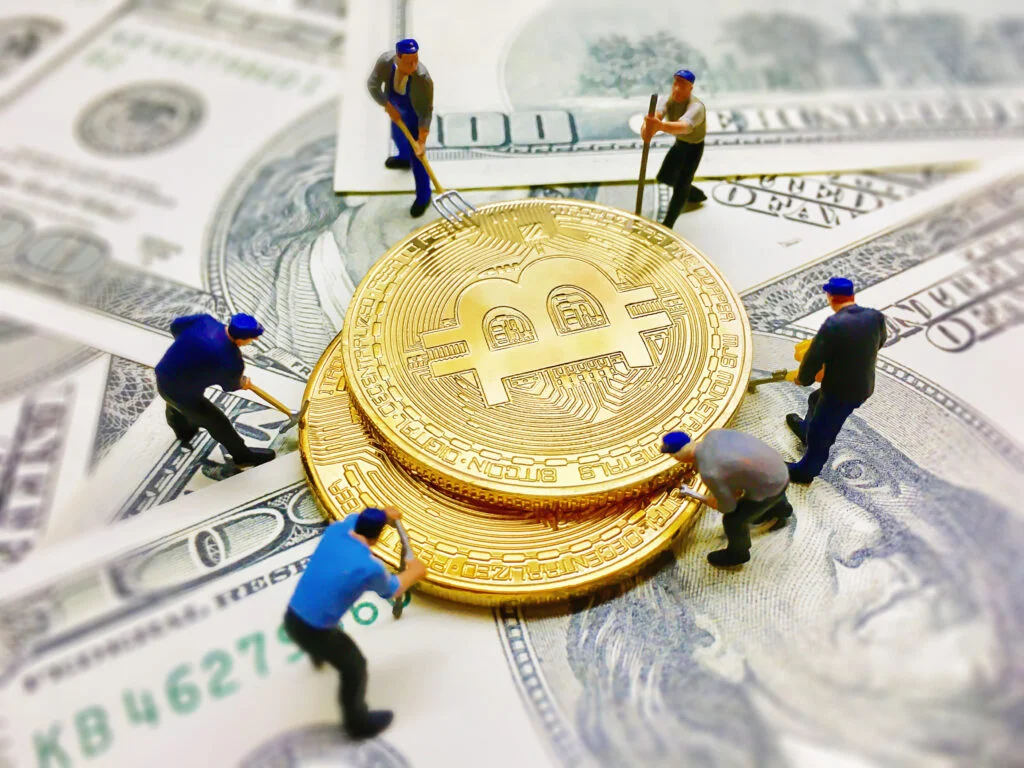 Worker figures helping dig coin money on dollar note background