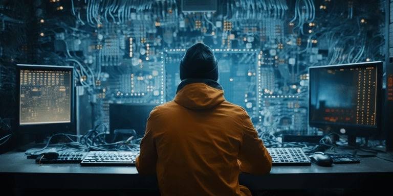 cryptocurrency security breach statistics; a man sitting in front of several laptops 