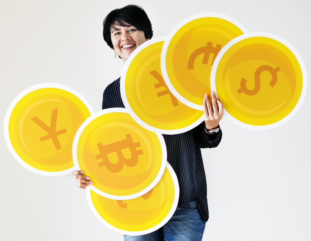 A woman carrying coin icons