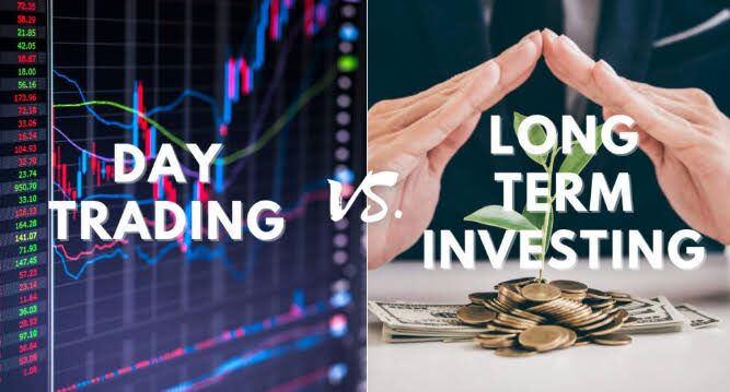 Day trading graph versus long-term investing symbolized by a plant and coins under protective hands Source: (Linkedin)