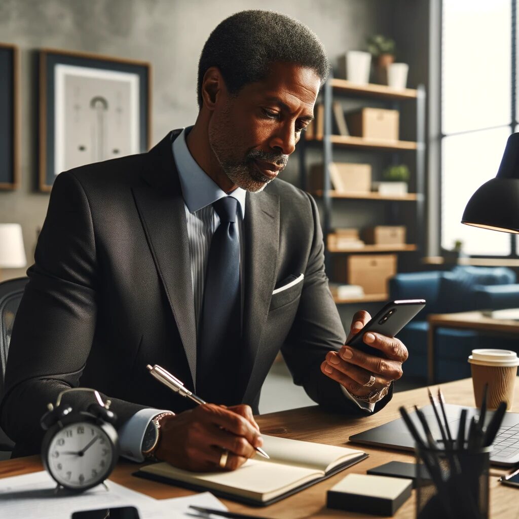 an image of a person operating a device while sitting behind a desk