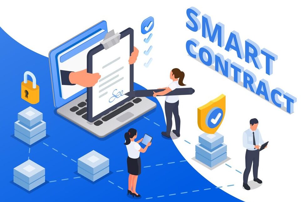 Role of Smart Contracts in STOs Role of Smart Contracts in STOs; 2 people on their smart devices and 1 person signing a contract, symbolizing a Smart Contract