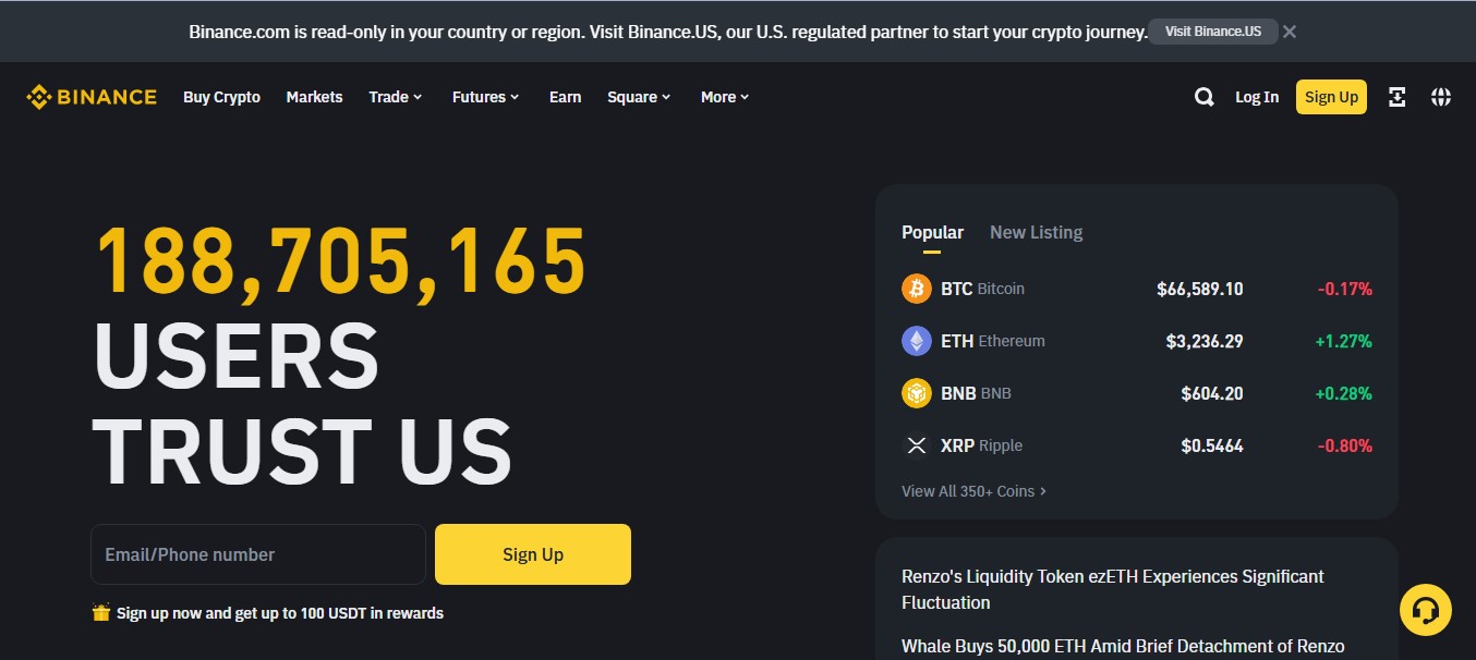 Landing page of Binance