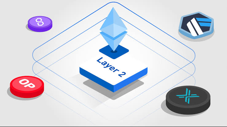An illustrative graphic showcasing Ethereum's Layer 2 solutions, featuring the Ethereum logo above a blue 'Layer 2' block, surrounded by various tokens representing different Layer 2 networks, highlighting scalability and efficiency in blockchain technology.