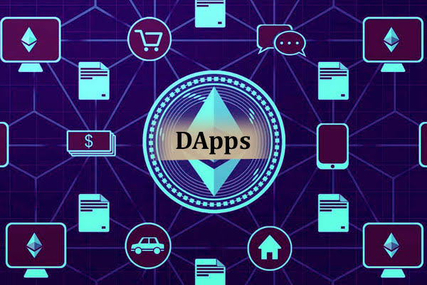 An abstract representation of the Ethereum blockchain featuring the Ethereum logo at the center, surrounded by various interconnected icons symbolizing decentralized applications (DApps), finance, communication, and data storage, with the word 'DApps' displayed.