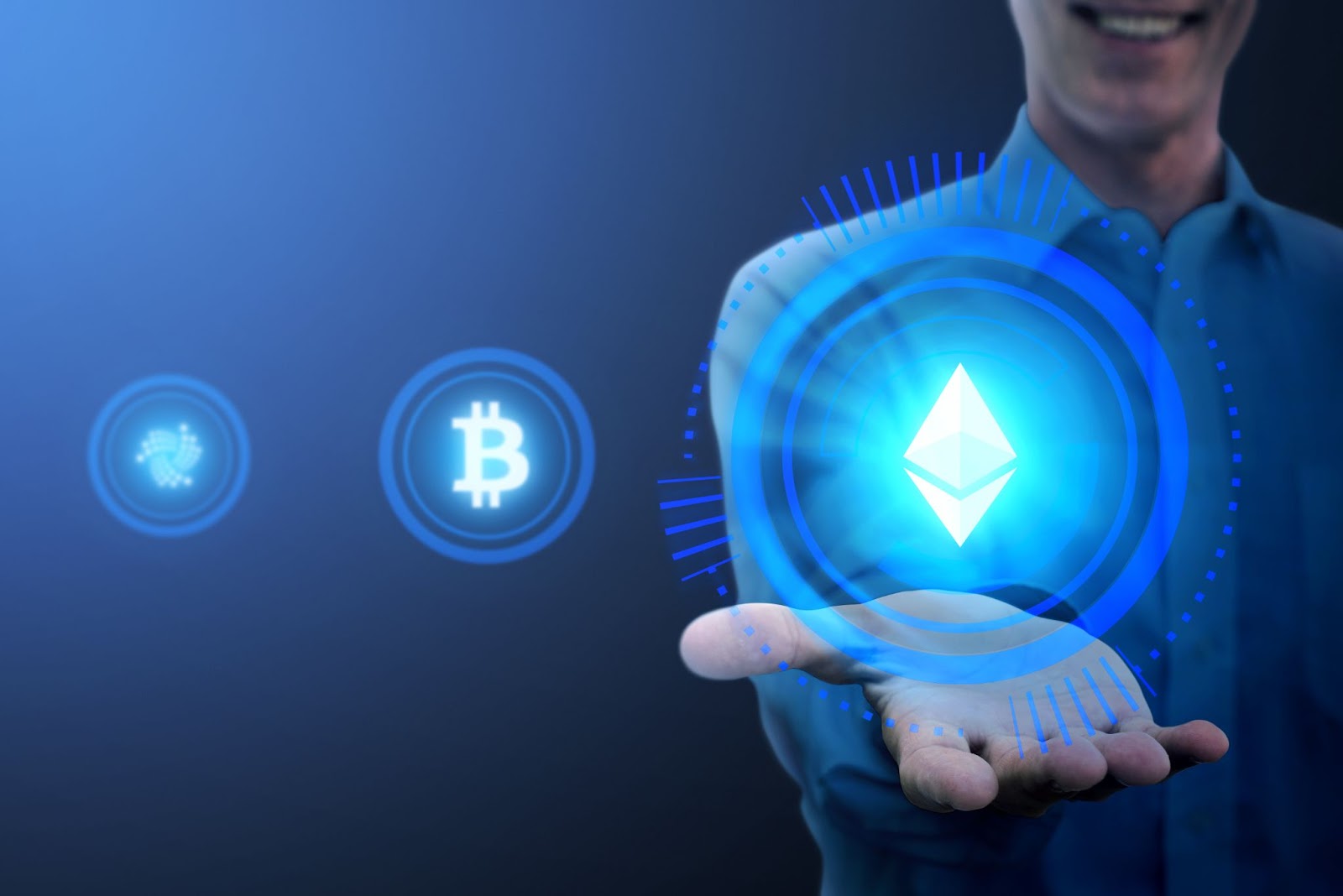 Image of hand holding ethereum network hologram