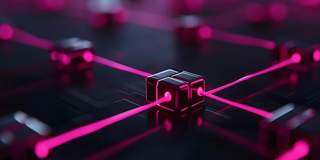 Blockchain technology with interconnected blocks.