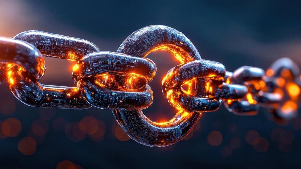 Futuristic AI analyzing blockchain security protocols visualized with glowing interlocking data points.