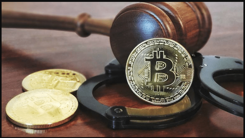 Bitcoin coins with gavel and handcuffs, representing cryptocurrency regulation