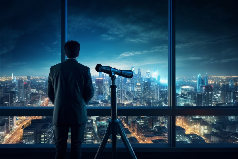 A man standing by a telescope in a high-rise building, overlooking a futuristic city skyline at night