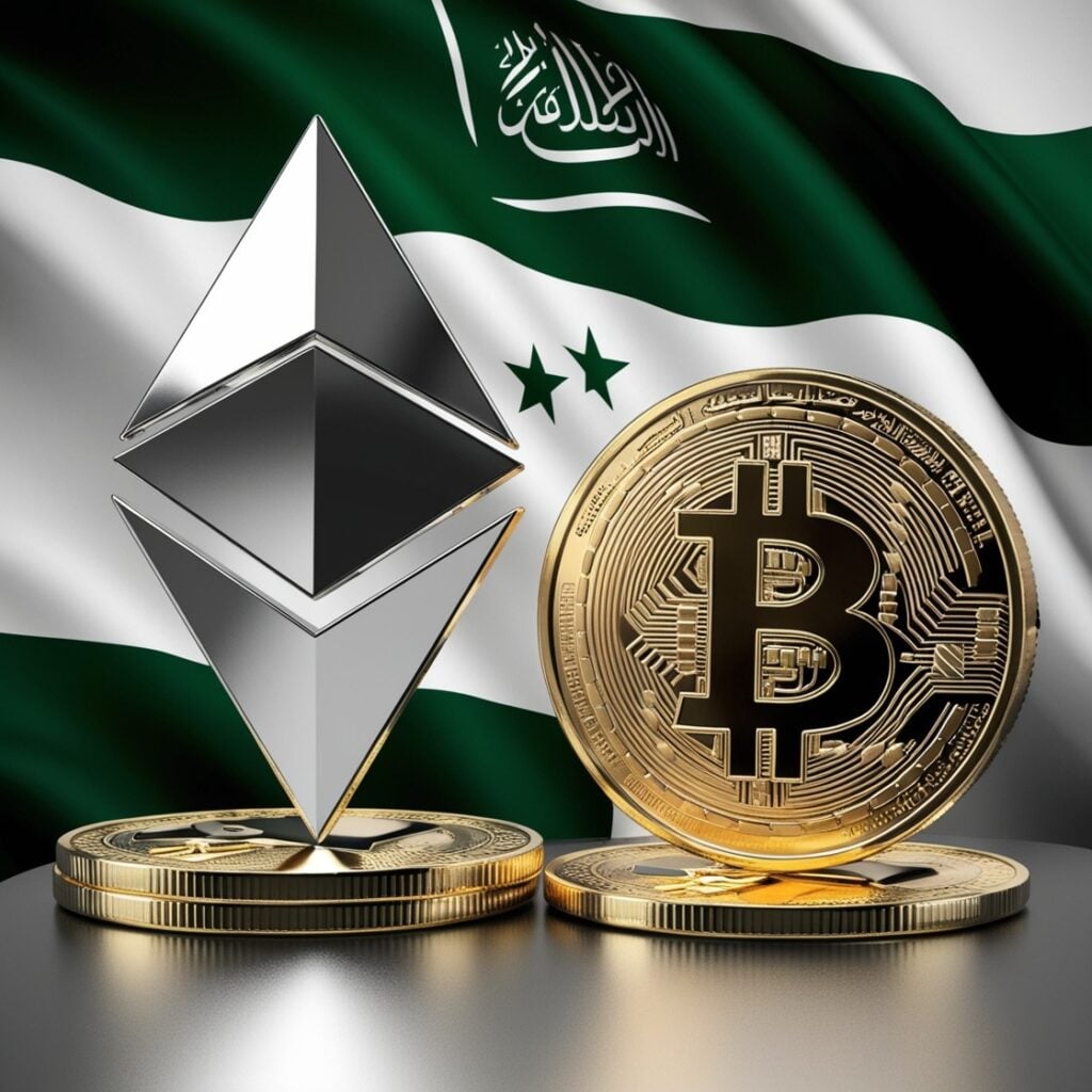 An Ethereum and Bitcoin on a flag of Saudi Arabia