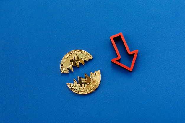 Broken Bitcoin concept with downtrend falling red arrow
