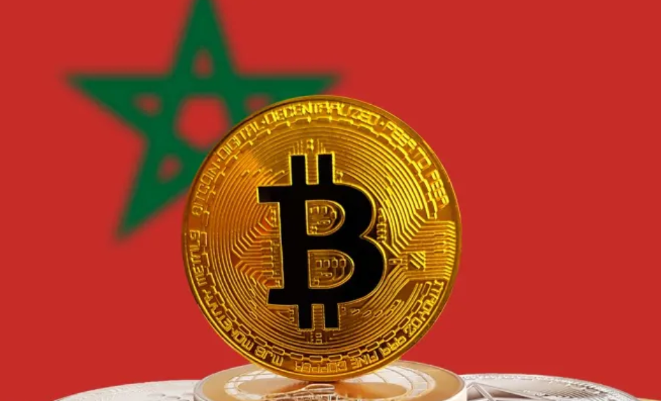 A golden bitcoin placed in front of a moroccan flag