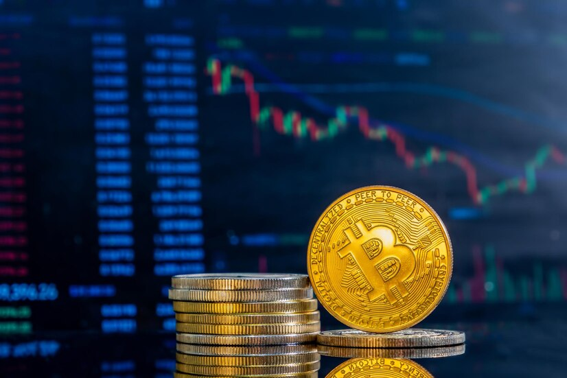A Bitcoin coin resting on a stack of smaller coins, with a price chart in the background.