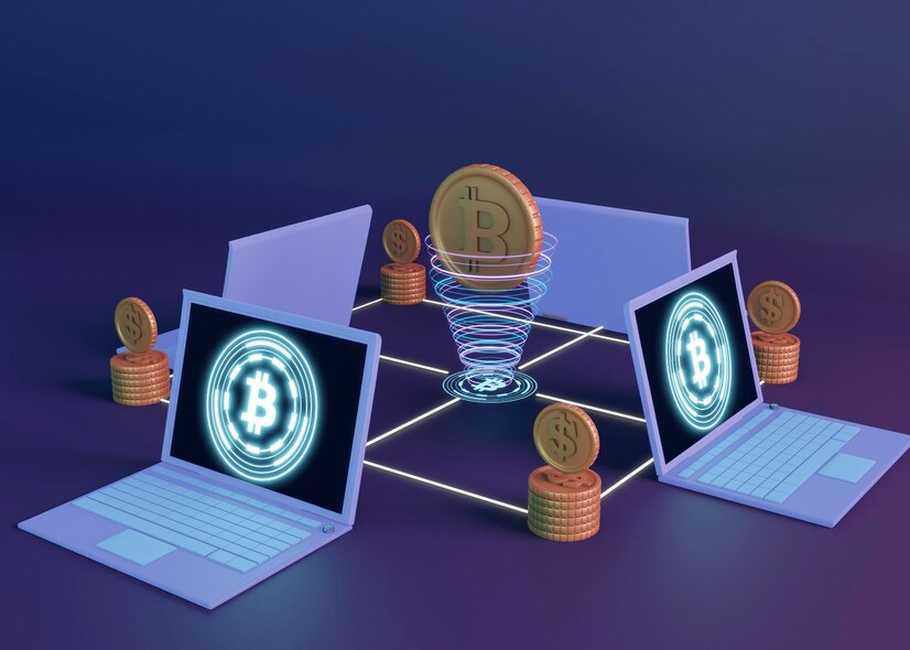 Bitcoin coins and laptops connected by a network
