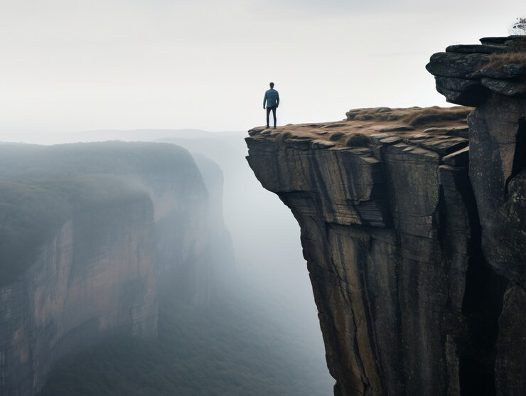 A person standing on the edge of a cliff overlooking a foggy valley