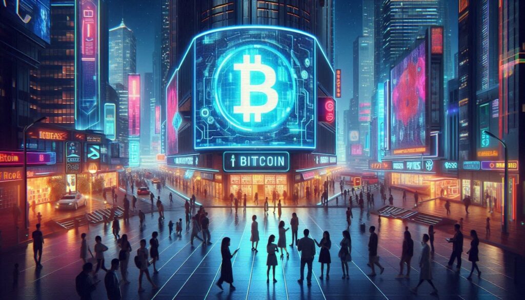 A futuristic cityscape with neon lights and skyscrapers, with a large digital billboard displaying the current value of Bitcoin and other cryptocurrencies.