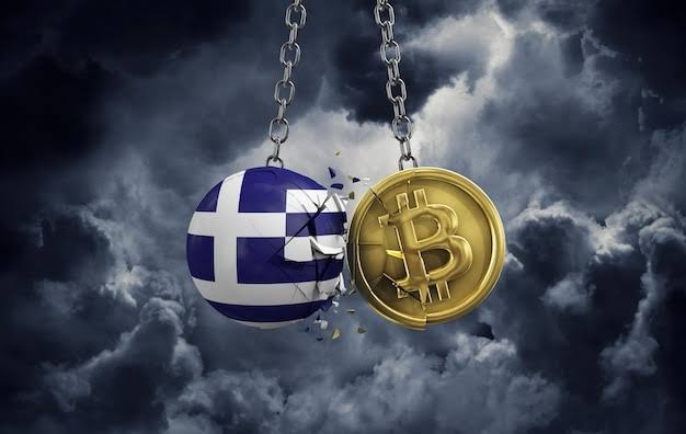 Greece flag smashing into a gold bitcoin in a cloudy sky