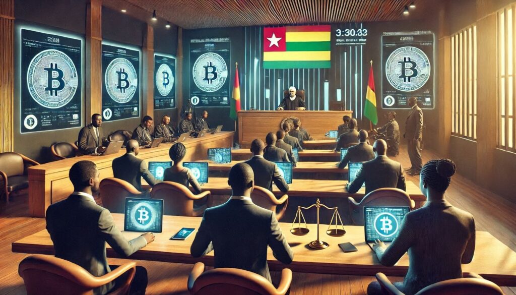 A modern courtroom in Togo, with a judge presiding over a case involving cryptocurrency.