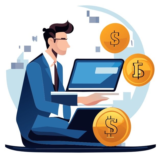 a man and gold icons of currencies