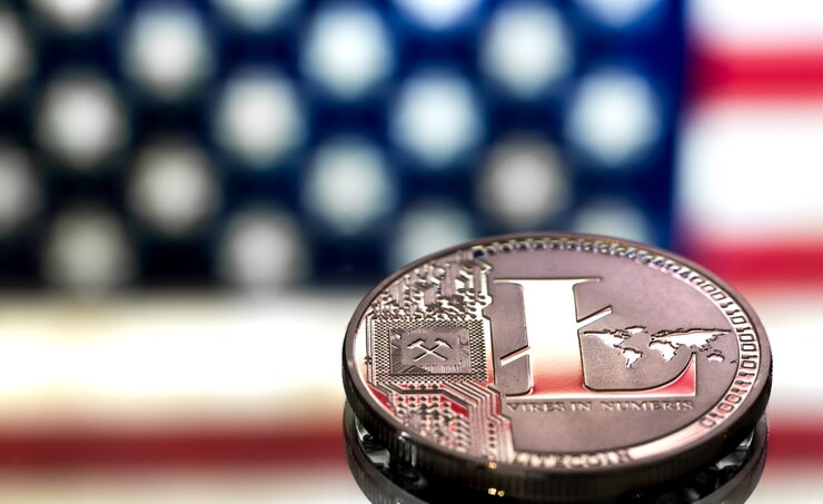Litecoin with the US flag in the background