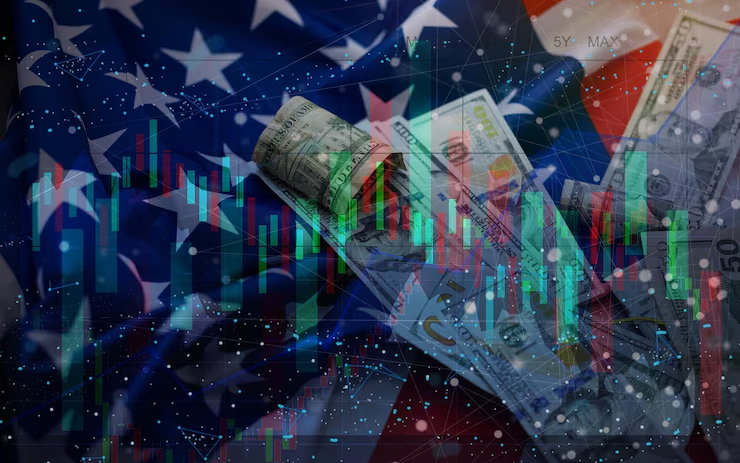 Waving American flag with US currency and a stock market chart