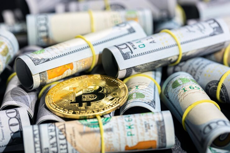 Bitcoin surrounded by rolled-up US dollar bills