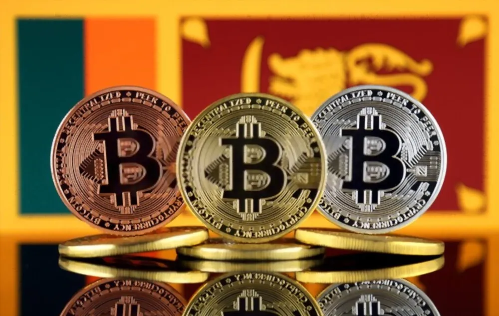 Bitcoins stacked in front of Srin Lanka flag