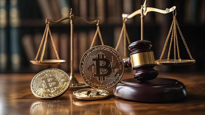 Scales of justice and a gavel, representing cryptocurrency regulation.