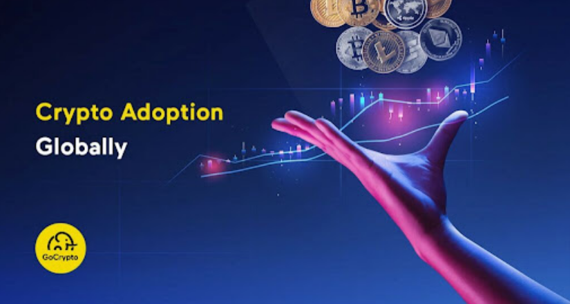 Cryptocurrency adoption globally, showing coins and rising graph