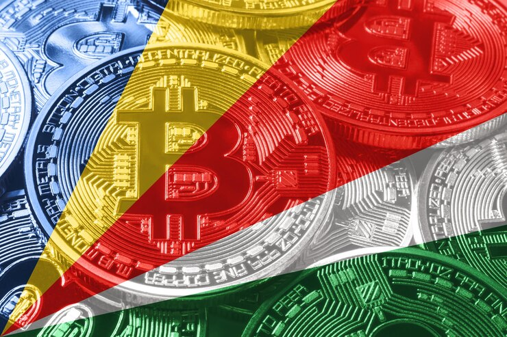 Bitcoin embedded in Seychelles national flag cryptocurrenc.