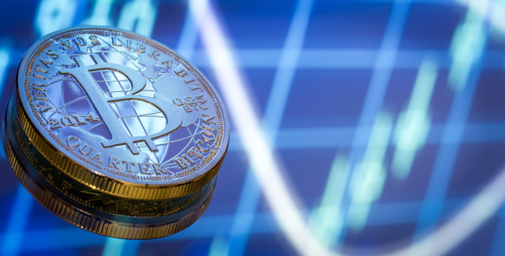 Bitcoin concept of virtual money with trading chart background. 