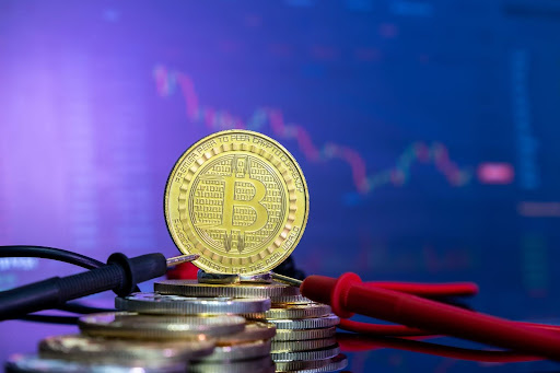 Crypto coin on other coins with blue reflective chart background