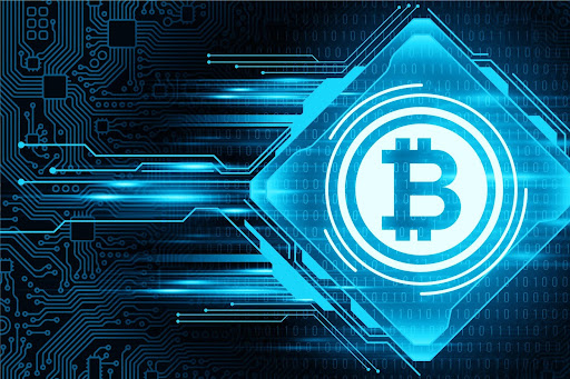 Glowing blue Bitcoin symbol on a circuit board background.