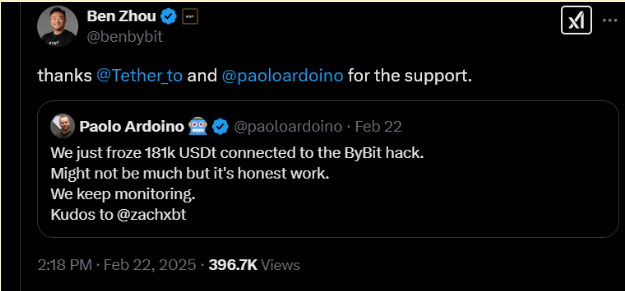 Bybit CEO, Ben Zhou’s response to Tether CEO’s support.